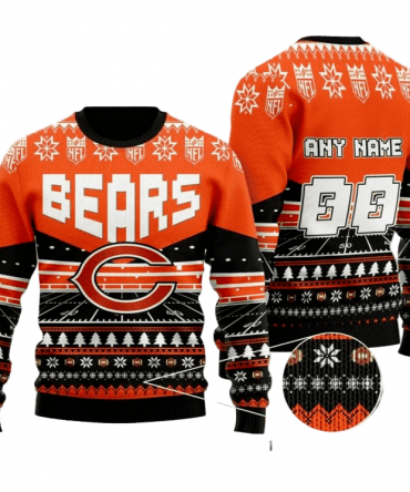 Personalized Ugly Christmas Sweater Chicago-Bears, Da Bears Black/Orange Custom Name And Number Gift For Football Fan Ugly Xmas Jumper
