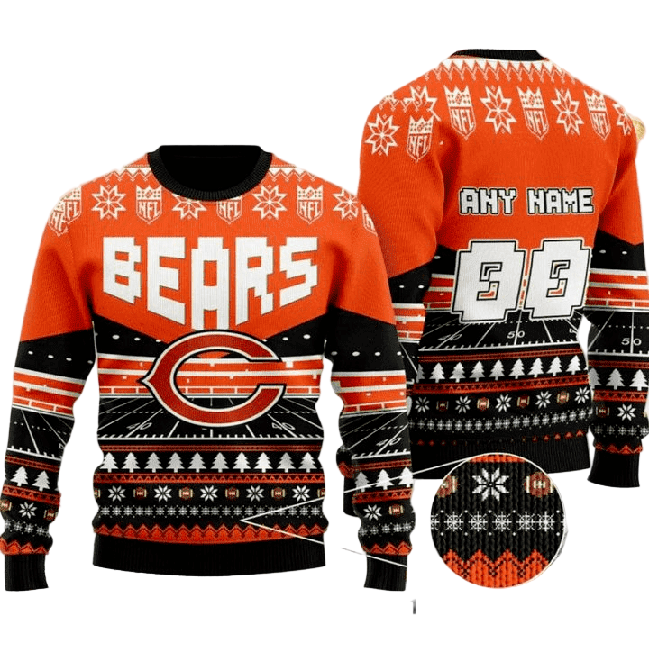 Personalized Ugly Christmas Sweater Chicago-Bears, Da Bears Black/Orange Custom Name And Number Gift For Football Fan Ugly Xmas Jumper