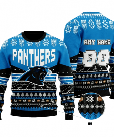 Personalized Ugly Christmas Sweater Carolina-Panthers, Keep Pounding Blue/Black Custom Name And Number Gift For Football Fan Ugly Xmas Jumper