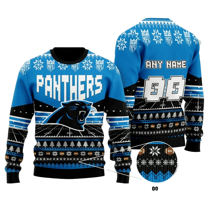 Personalized Ugly Christmas Sweater Carolina-Panthers, Keep Pounding Blue/Black Custom Name And Number Gift For Football Fan Ugly Xmas Jumper
