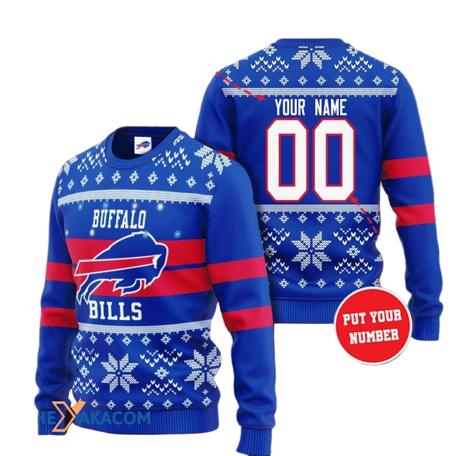 Personalized Ugly Christmas Sweater Buffalo-Bills, Billieve Blue/Red Custom Name And Number Gift For Football Fan Ugly Xmas Jumper