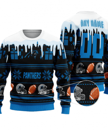 Personalized Ugly Christmas Sweater Carolina-Panthers, Keep Pounding White/Blue/Black Custom Name And Number Gift For Football Fan Ugly Xmas Jumper
