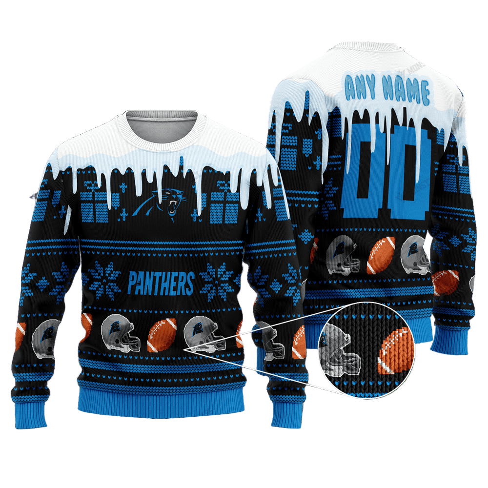 Personalized Ugly Christmas Sweater Carolina-Panthers, Keep Pounding White/Blue/Black Custom Name And Number Gift For Football Fan Ugly Xmas Jumper