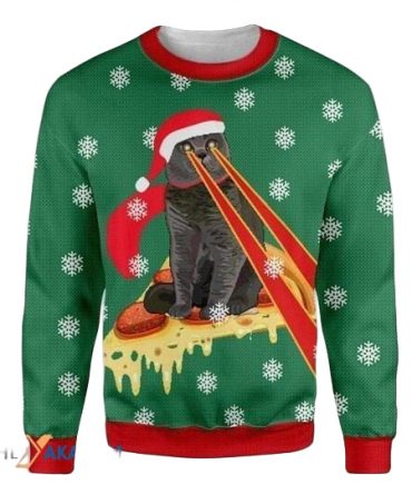 Merry Xmas Cat Lovers Pizza Cat With Laser Eyes With Special Pattern Ugly Christmas Sweater