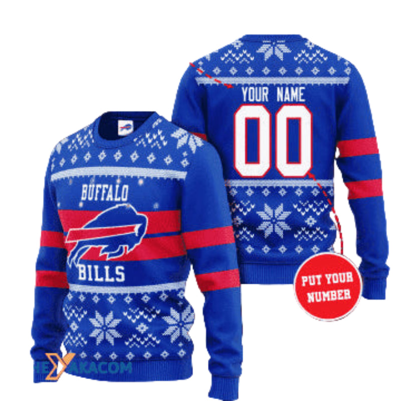 Personalized Ugly Christmas Sweater Buffalo-Bills, Billieve Red/Blue Custom Name And Number Gift For Football Fan Ugly Xmas Jumper