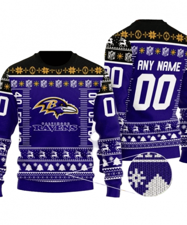 Personalized Ugly Christmas Sweater Baltimore-Ravens, Ravens Flock Violet/Black Custom Name And Number Gift For Football Fan Ugly Xmas Jumper
