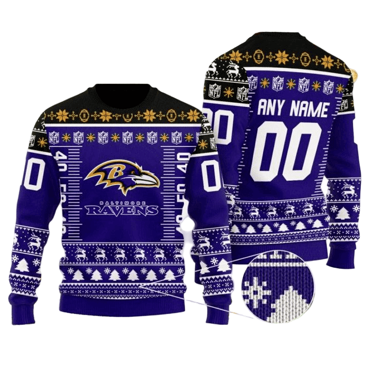 Personalized Ugly Christmas Sweater Baltimore-Ravens, Ravens Flock Violet/Black Custom Name And Number Gift For Football Fan Ugly Xmas Jumper