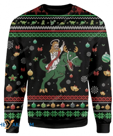Merry Xmas Jesus Riding A Dinosaur Gift For Christmas Party Ugly Christmas Sweater