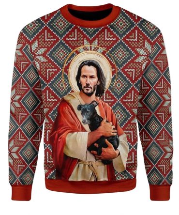 Christmas Patterns God Jesus Keanu Reeves With Dog Gift For Christmas Ugly Christmas Sweater