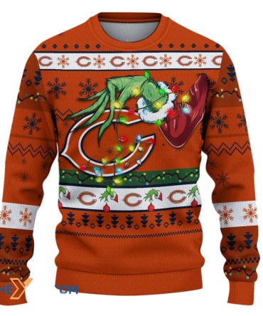 Ugly Christmas Sweater Chicago-Bears, Go Chicago-Bears Grinch Christmas Snowflakes Orange