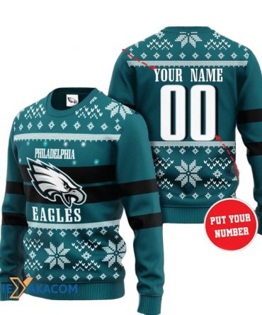 Personalized Ugly Christmas Sweater Philadelphia-Eagles, Fly Eagles FLy Green/Black/White Custom Name And Number Gift For Football Fan Ugly Xmas Jumper