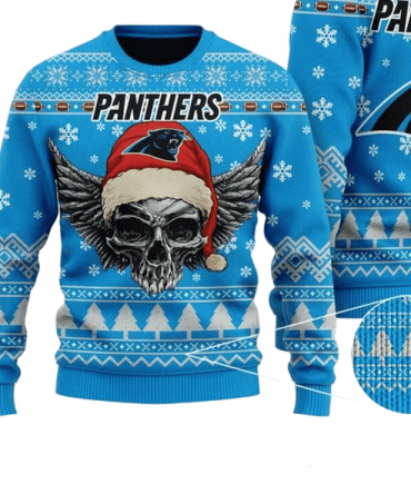 Ugly Christmas Sweater Carolina-Panthers, Skull Blue/Black