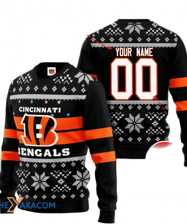Personalized Ugly Christmas Sweater Cincinnati, Who Dey? Black/White Custom Name And Number Gift For Football Fan Ugly Xmas Jumper