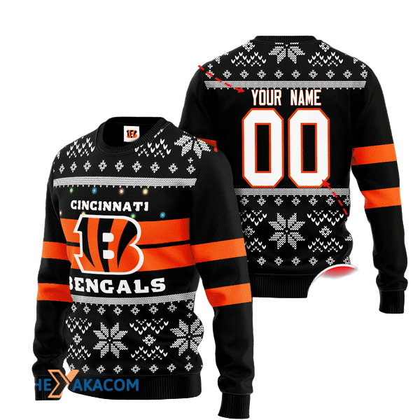 Personalized Ugly Christmas Sweater Cincinnati, Who Dey? Black/White Custom Name And Number Gift For Football Fan Ugly Xmas Jumper