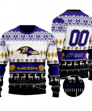 Personalized Ugly Christmas Sweater Baltimore-Ravens, Ravens Flock Violet/White/Black Custom Name And Number Gift For Football Fan Ugly Xmas Jumper