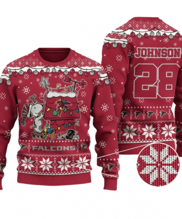 Personalized Ugly Christmas Sweater Atlanta-Falcons, Rise Up Red/White Custom Name And Number Gift For Football Fan Ugly Xmas Jumper