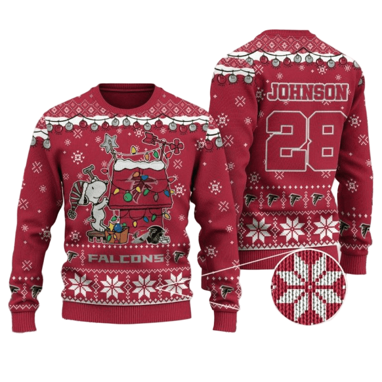 Personalized Ugly Christmas Sweater Atlanta-Falcons, Rise Up Red/White Custom Name And Number Gift For Football Fan Ugly Xmas Jumper