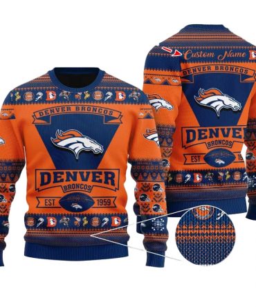 Personalized Ugly Christmas Sweater Denver-Broncos, United In Orange Blue/Orange Custom Name Gift For Football Fan Ugly Xmas Jumper