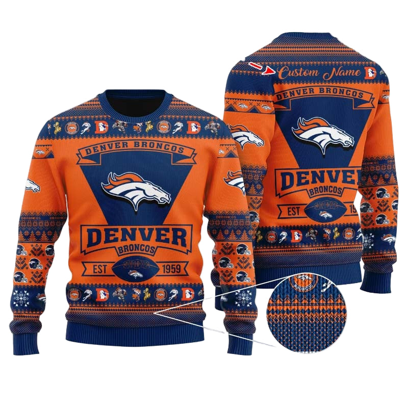 Personalized Ugly Christmas Sweater Denver-Broncos, United In Orange Blue/Orange Custom Name Gift For Football Fan Ugly Xmas Jumper