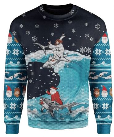 Santa Claus And God Jesus Riding Shark Gift For Christmas Ugly Christmas Sweater