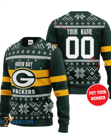 Personalized Ugly Christmas Sweater Green-Bay-Packers, Go Pack Go Yellow/Dark Green Custom Name And Number Gift For Football Fan Ugly Xmas Jumper