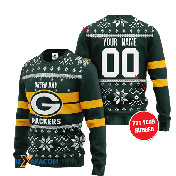 Personalized Ugly Christmas Sweater Green-Bay-Packers, Go Pack Go Yellow/Dark Green Custom Name And Number Gift For Football Fan Ugly Xmas Jumper