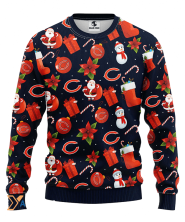 Ugly Christmas Sweater Chicago-Bears, Santa Claus Snowman Blue/Black