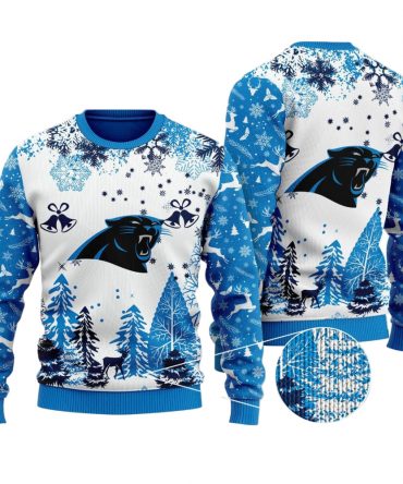 Ugly Christmas Sweater Carolina-Panthers, Keep Pounding Grinch Christmas Snowflakes Pine Tree White Navy