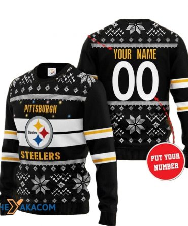 Personalized Ugly Christmas Sweater Pittsburgh, Steel Curtain Black/White/Yellow Custom Name And Number Gift For Football Fan Ugly Xmas Jumper