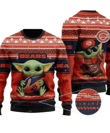 Ugly Christmas Sweater Chicago-Bears, Baby Yoda Orange/White/Blue