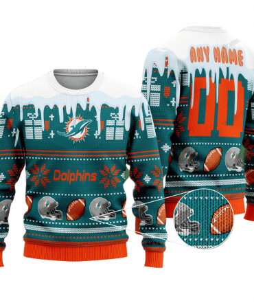 Personalized Ugly Christmas Sweater Miamidolphins, Go Fins Green/White/Orange Custom Name And Number Gift For Football Fan Ugly Xmas Jumper