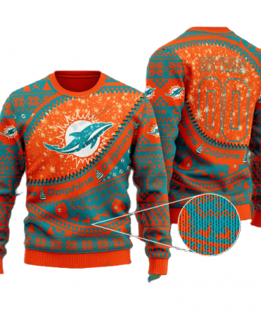 Personalized Ugly Christmas Sweater Miamidolphins, Go Fins Green/Orange Custom Name And Number Gift For Football Fan Ugly Xmas Jumper