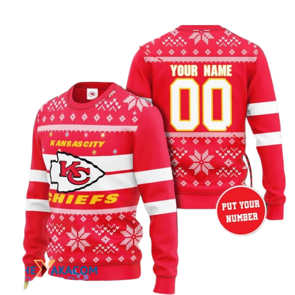 Personalized Ugly Christmas Sweater KCChiefs, Run It Back Red/White Custom Name And Number Gift For Football Fan Ugly Xmas Jumper