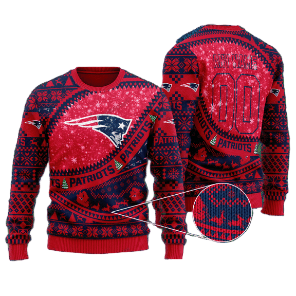 Personalized Ugly Christmas Sweater New-England-Patriots, Go-PATS-Patriots Dark Blue/Red Custom Name And Number Gift For Football Fan Ugly Xmas Jumper