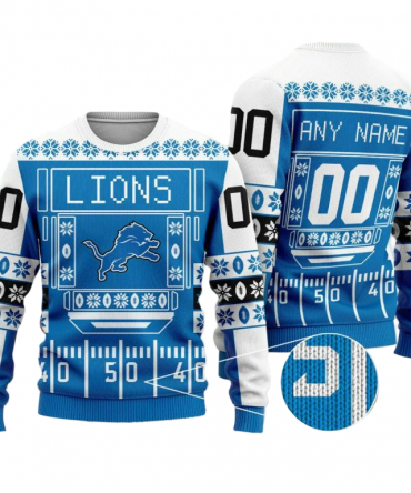 Personalized Ugly Christmas Sweater Detroit-Lions, One Pride Blue/White Custom Name And Number Gift For Football Fan Ugly Xmas Jumper