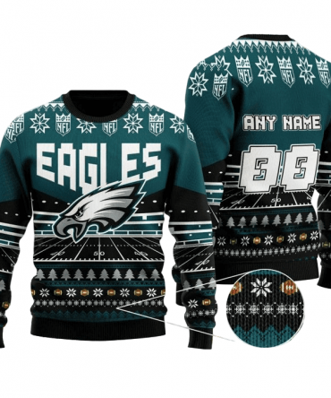 Personalized Ugly Christmas Sweater Philadelphia-Eagles, Fly Eagles Fly Dark Green/Black Custom Name And Number Gift For Football Fan Ugly Xmas Jumper