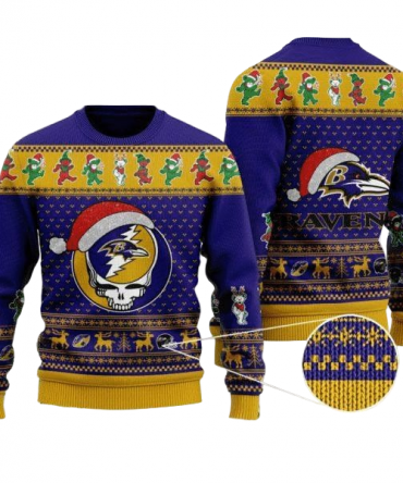 Ugly Christmas Sweater Baltimore-Ravens, Skull Violet/Yellow