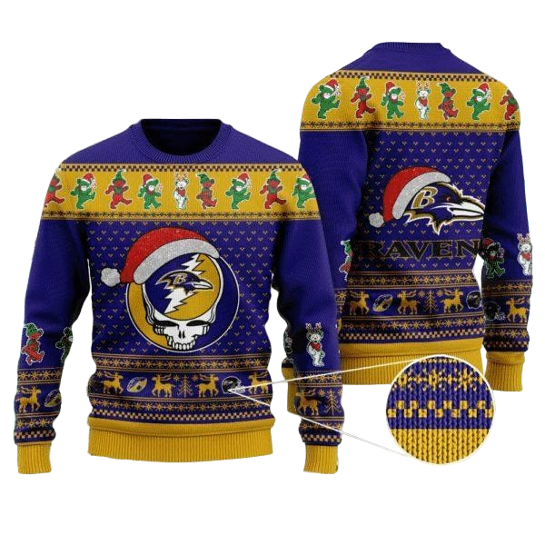 Ugly Christmas Sweater Baltimore-Ravens, Skull Violet/Yellow