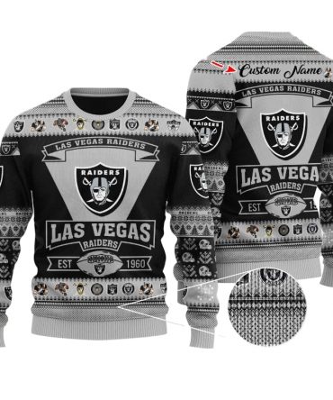 Personalized Ugly Christmas Sweater Las-Vegas, Raider Nation Grey/Black Custom Name Gift For Football Fan Ugly Xmas Jumper