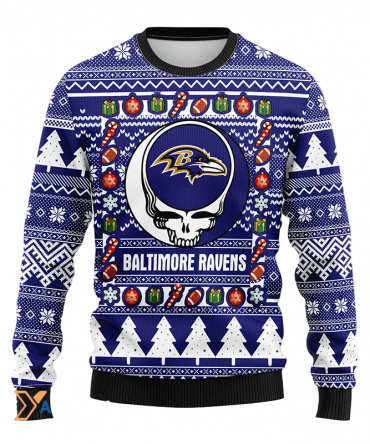 Ugly Christmas Sweater Baltimore-Ravens, Skull Blue/White