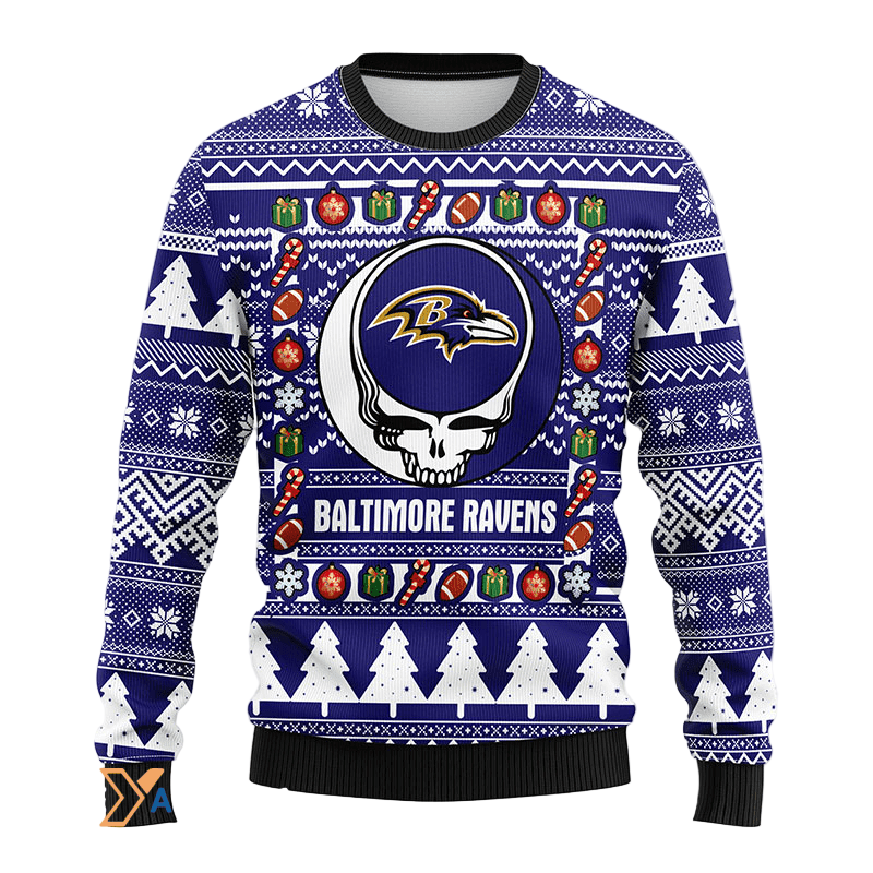 Ugly Christmas Sweater Baltimore-Ravens, Skull Blue/White