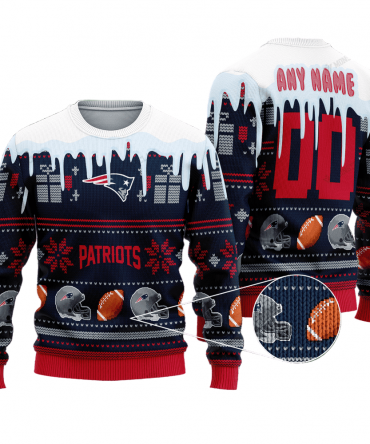 Personalized Ugly Christmas Sweater New-England-Patriots, Go-PATS-Patriots Dark Blue/Red/White Custom Name And Number Gift For Football Fan Ugly Xmas Jumper