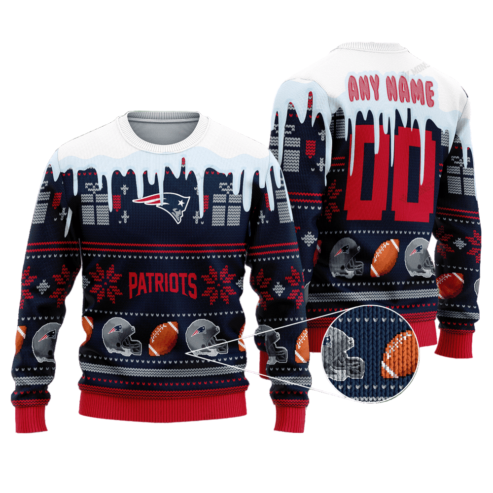 Personalized Ugly Christmas Sweater New-England-Patriots, Go-PATS-Patriots Dark Blue/Red/White Custom Name And Number Gift For Football Fan Ugly Xmas Jumper
