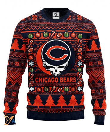 Ugly Christmas Sweater Chicago-Bears, Skull Blue/Orange