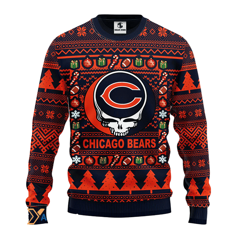 Ugly Christmas Sweater Chicago-Bears, Skull Blue/Orange