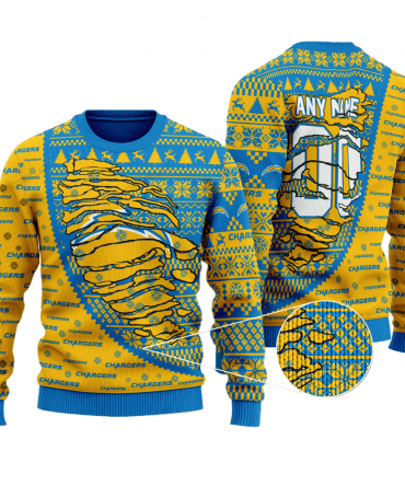 Personalized Ugly Christmas Sweater Los-Angeles Chargers, Bolt Up Blue/Yellow Custom Name And Number Gift For Football Fan Ugly Xmas Jumper