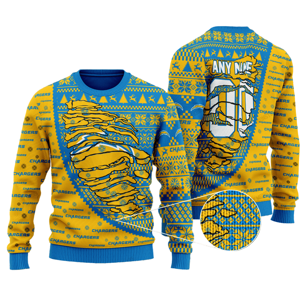 Personalized Ugly Christmas Sweater Los-Angeles Chargers, Bolt Up Blue/Yellow Custom Name And Number Gift For Football Fan Ugly Xmas Jumper