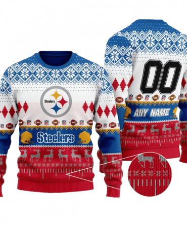 Personalized Ugly Christmas Sweater Pittsburgh, Steel Curtain Blue/White/Red Custom Name And Number Gift For Football Fan Ugly Xmas Jumper