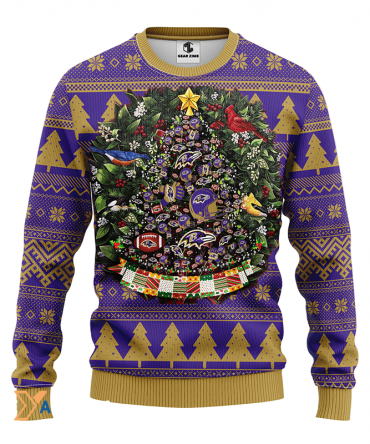 Ugly Christmas Sweater Baltimore-Ravens, Tree Ball Christmas Violet/White