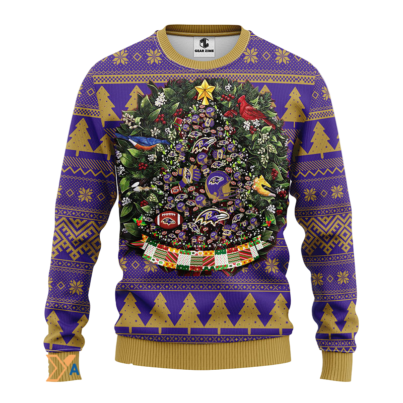 Ugly Christmas Sweater Baltimore-Ravens, Tree Ball Christmas Violet/White